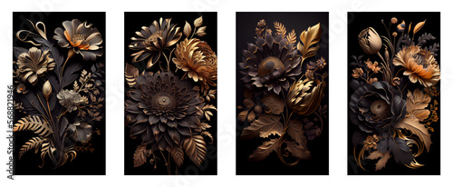 fractal flowers golden and black liquid marble background. Resin geode and abstract art, functional art, like watercolor geode painting. 3d wallpaper for wall frames. photo