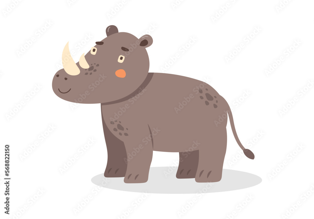 Gray rhino in flat cartoon style walking in landscape. Happy friendly rhinoceros. Wild African rhino animal. Big mammal with horn on head. Isolated cute children's illustration on white background