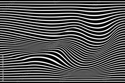 Abstract wave line strip. Distortion lines wavy background. Distort stripes. Op art optical abstract modern pattern. Illusion waves design. Black and white vector illustration.