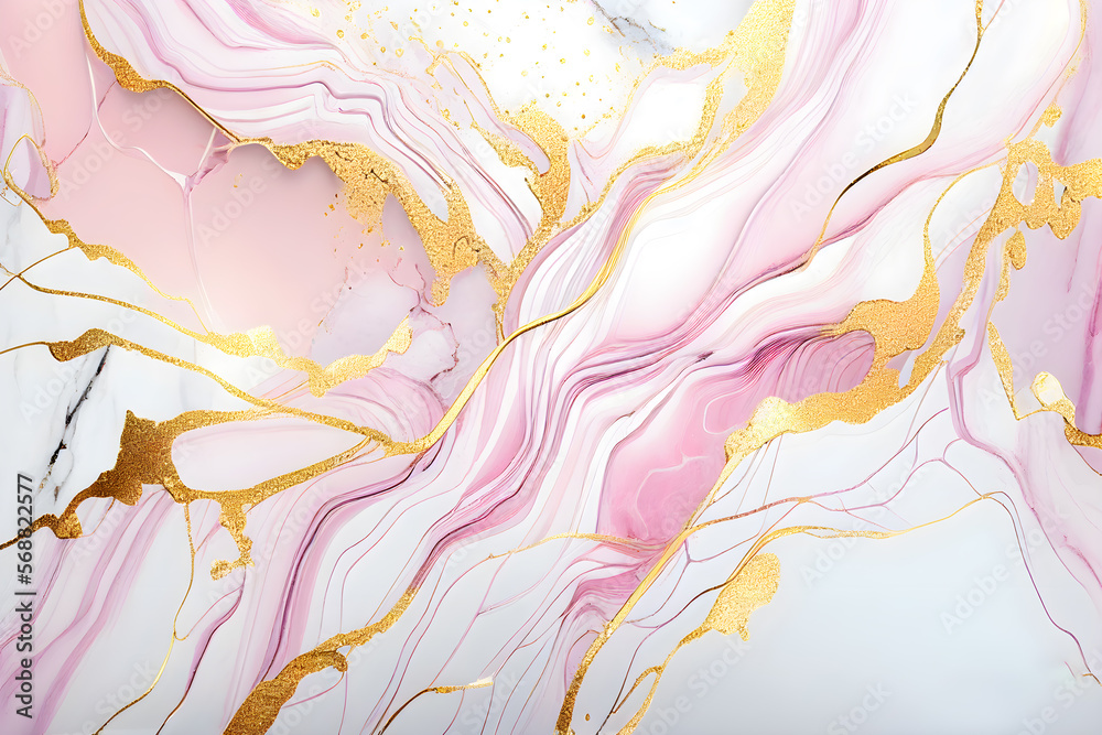 Swirl of pink gold marble abstract background, Liquid marble design abstract, light pink azure tones with rose golden, Paint marble texture. Alcohol ink colors, Generative Ai.
