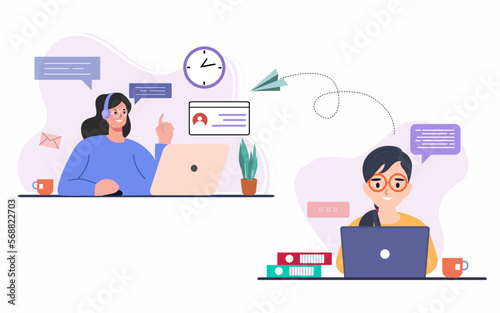 Employee talk on video call on laptop, work from home job. women Looking at Computer Screen and Talking with Colleagues Online