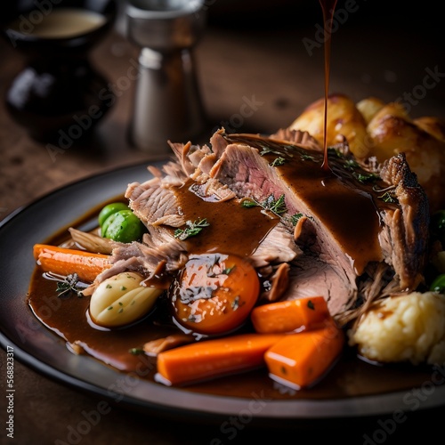 a plate of freshly cooked Irish Sunday roast, filled with slow-roasted pork, carrots, potatoes and gravy. photo