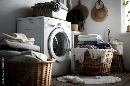 Laundry room with washing machine and pile of dirty clothes in basket. Domestic room interior. Ai generative © ZoomTeam