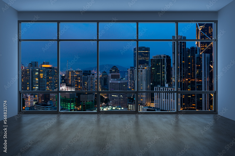 Naklejka premium Empty room Interior Skyscrapers View Malaysia. Downtown Kuala Lumpur City Skyline Buildings from High Rise Window. Beautiful Expensive Real Estate overlooking. Night time. 3d rendering.