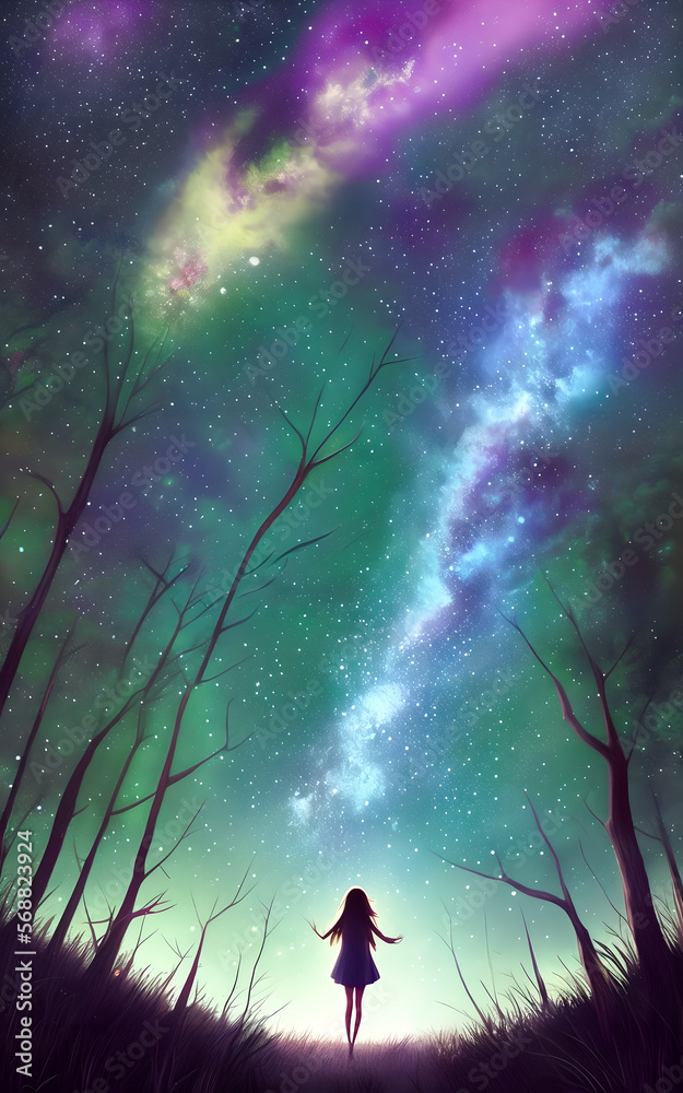 Girl standing in middle of night forest with sky background and stars above her head. Generative AI