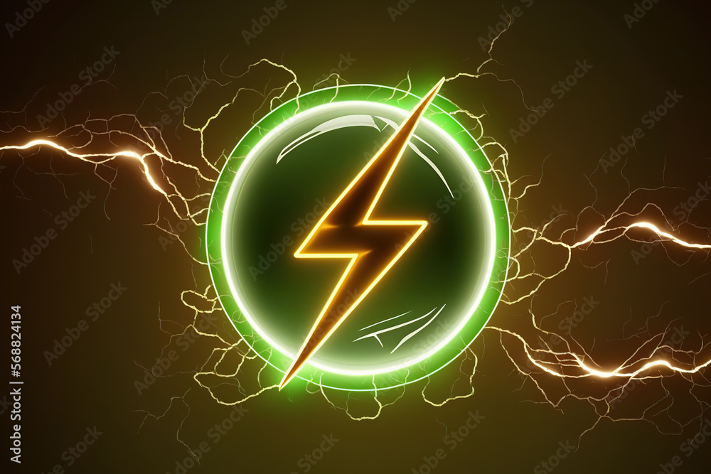 Lightning bolt in neon glowing light with spaking effect on background