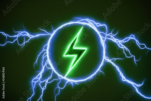 Lightning bolt in neon glowing light with spaking effect on background. Battery energy voltage or EV charging icon. Generative Ai image.