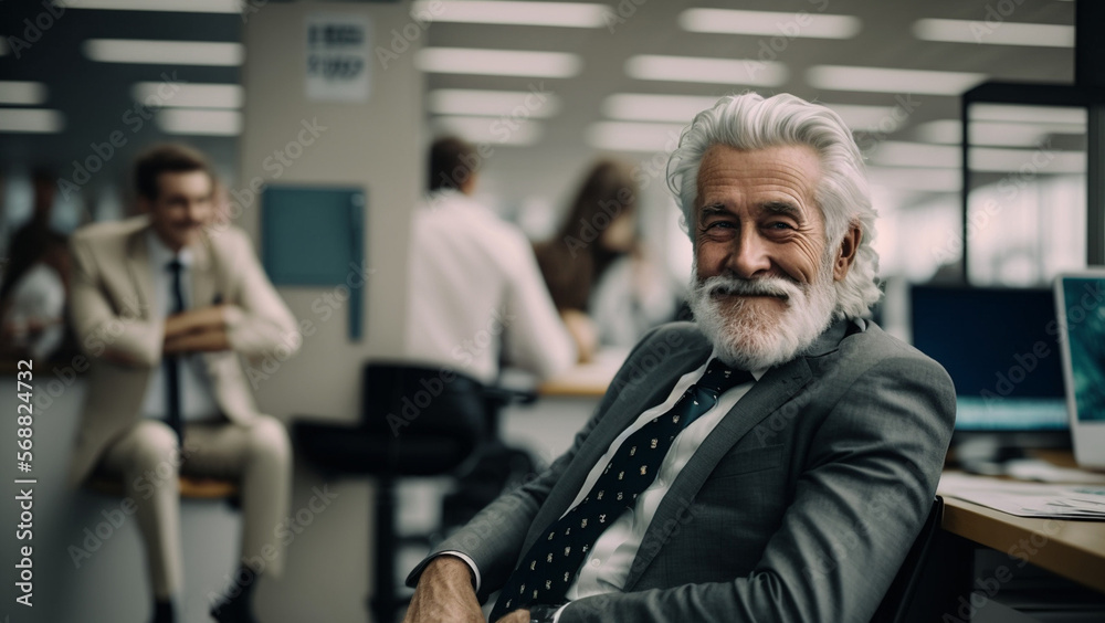 man with gray hair sits in the office at a desk, in the background an office with other people, Generative AI