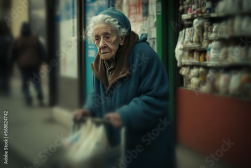 an old woman with a walker shopping trolley pitying or in poverty  disabled and weak  Generative AI