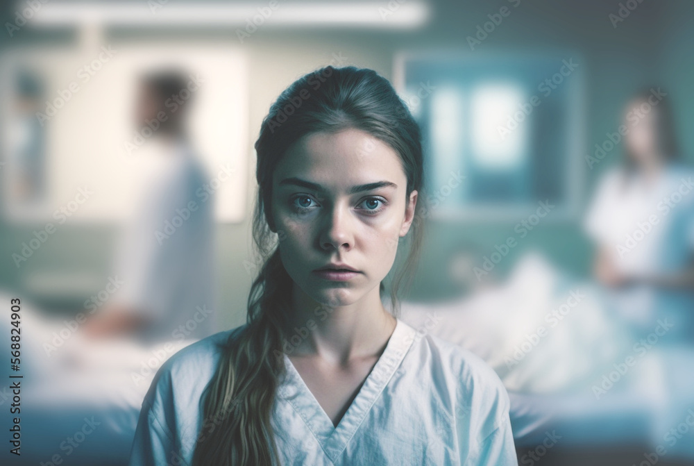 a young medical assistant, nurse or doctor in the hospital or nursing home works in the care, exhausted or stressed woman with a negative facial expression, Generative AI
