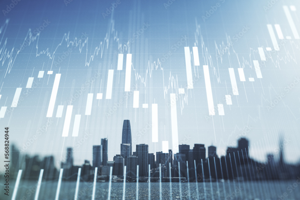 Multi exposure of abstract virtual financial graph hologram on San Francisco skyline background, forex and investment concept Multi exposure of abstract virtual financial graph hologram on San Francisco skyline background, forex and investment concept