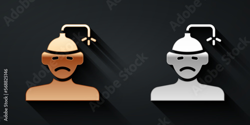 Gold and silver Concussion, headache, dizziness, migraine icon isolated on black background. Long shadow style. Vector