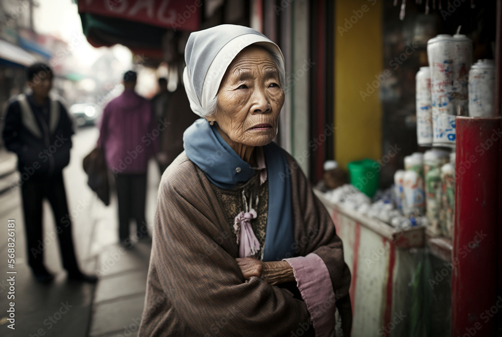 an old Chinese or Japanese or Korean woman is standing at a shop, or her shop, on the sidewalk of a side street, Generative AI