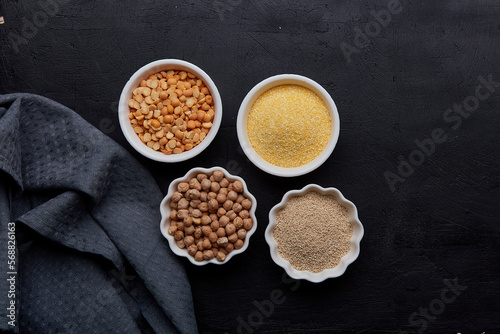Assortment of cereals - peas, amaranth, chickpeas, corn porridge. Fodmap, Paleo, Keto, Diet, Long Carbs top view