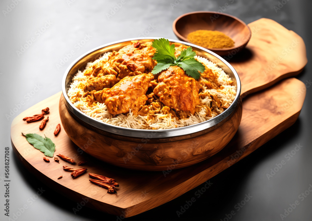 Indian Spicy Butter Chicken Biryani Served in a Dish Isolated on Wooden Board Indian Spicy Butter Chicken Biryani Served in a Dish Isolated on Wooden Board