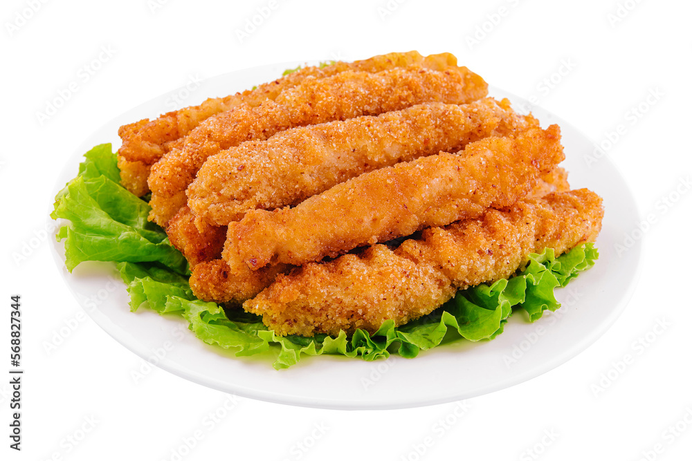chicken nuggets on lettuce isolated on white