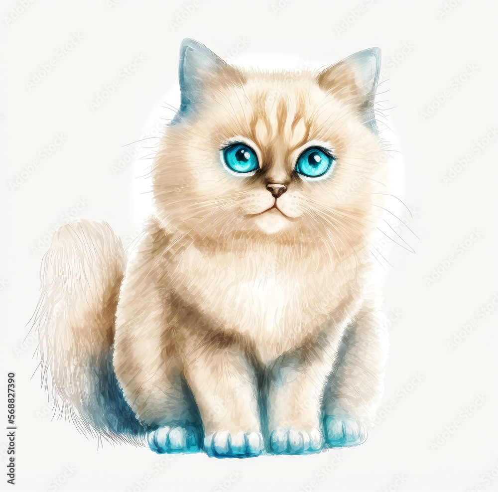 Cute Funny Fluffy Sitting Cat with Big Blue Eyes Watercolor Character Isolated on White Background