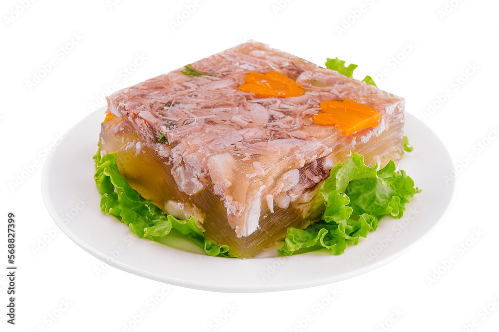 Cold appetizer, portioned jelly of pork, beef and chicken on white plate