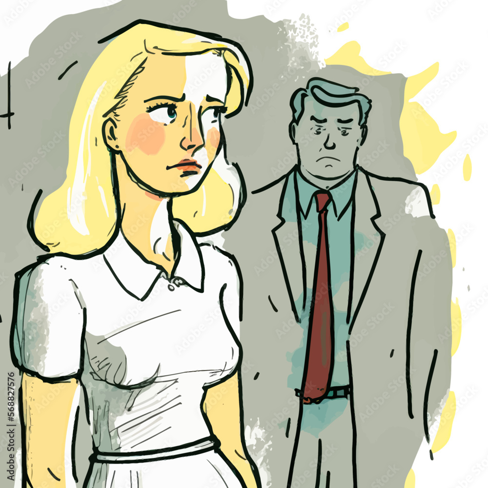 A high-powered businessman harassing a female colleague at work depicted in a vector illustration. A professional, graphic portrayal of workplace sexual harassment. A high-powered businessman harassing a female colleague at work depicted in a vector illustration. A professional, graphic portrayal of workplace sexual harassment.