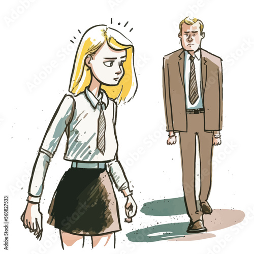 Male in a suit intimidating female coworker in workplace harassment scene. Vector illustration that impacts with emotional power to convey message.