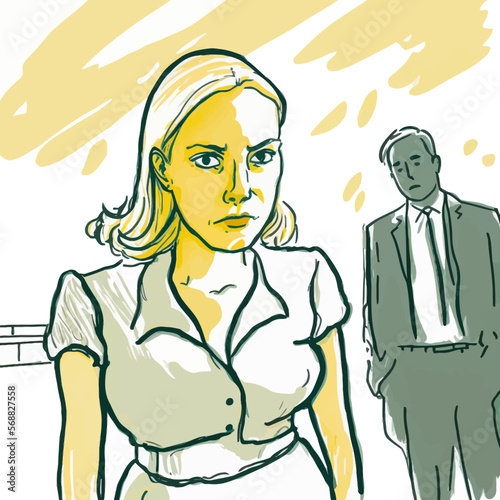 Scene of sexual harassment at work with a dominant male in suit harassing a young female colleague or subordinate. Vector illustration.