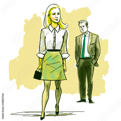 Dominant male in a suit harassing a female colleague or subordinate in a workplace. Vivid illustration in vector style. Perfect for evoking feelings & creating graphics.