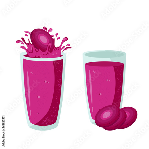 Beet juice in a glass. Pieces of fruit, splashes and drops of juice. Vector set in the flat style. © olga_illustrator