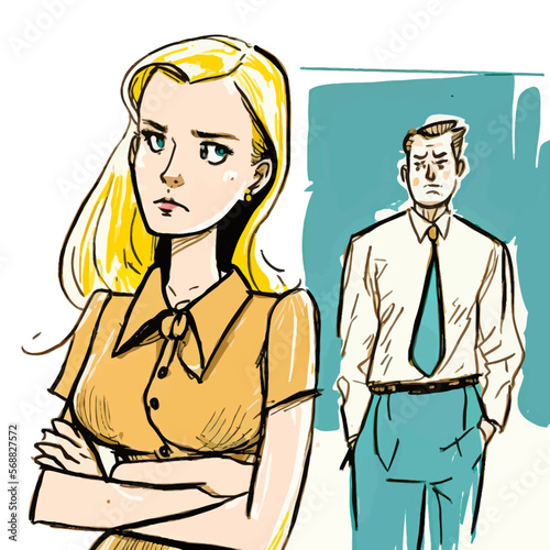 A dominant man in a suit harassing a younger woman, vector illustration. A strong image to illustrate sexual harassment at work.