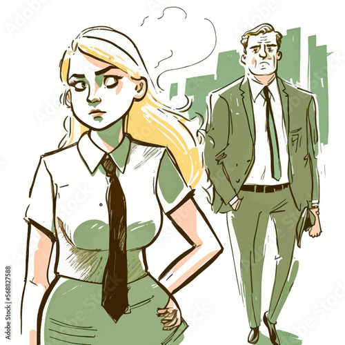 Male in suit dominating and harassing female colleague in workplace scene. Vector illustration with emotional and graphic impact.