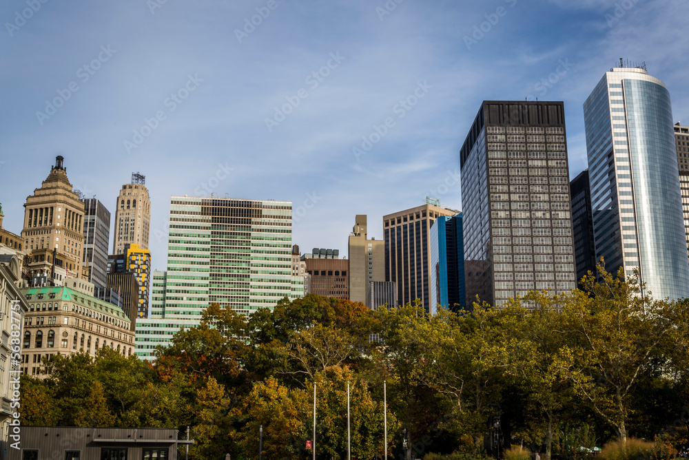 View from Battery Park, historic park in Lower Manhattan, New York City, USA