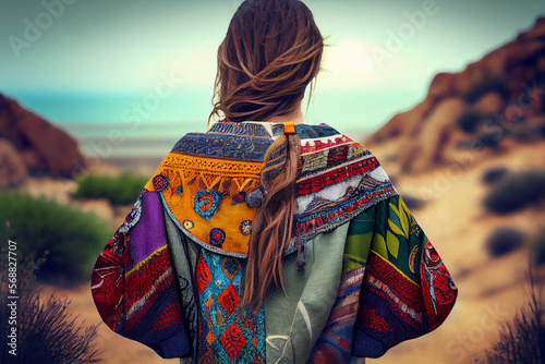 woman wearing boho style clothes, hot summer day, retro colors, motion blur