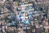 Aerial top view of New York City building roofs. Bird's eye view from helicopter of metropolis cityscape. Glowing hologram legal icons. The concept of law, order, regulations and digital justice