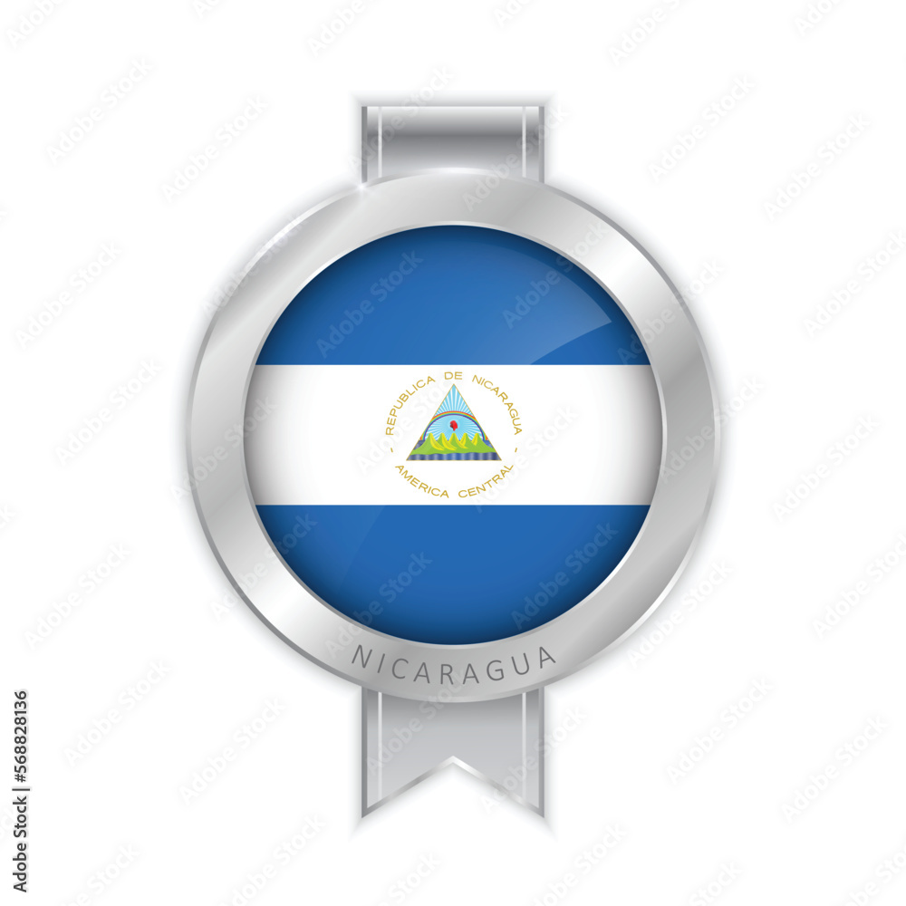 Flag of Nicaragua Silver Medal Vector. Realistic 3d silver trophy award medals for winner. Honor prize. Realistic illustration. Flag of Nicaragua Silver Medal Vector. Realistic 3d silver trophy award medals for winner. Honor prize. Realistic illustration.