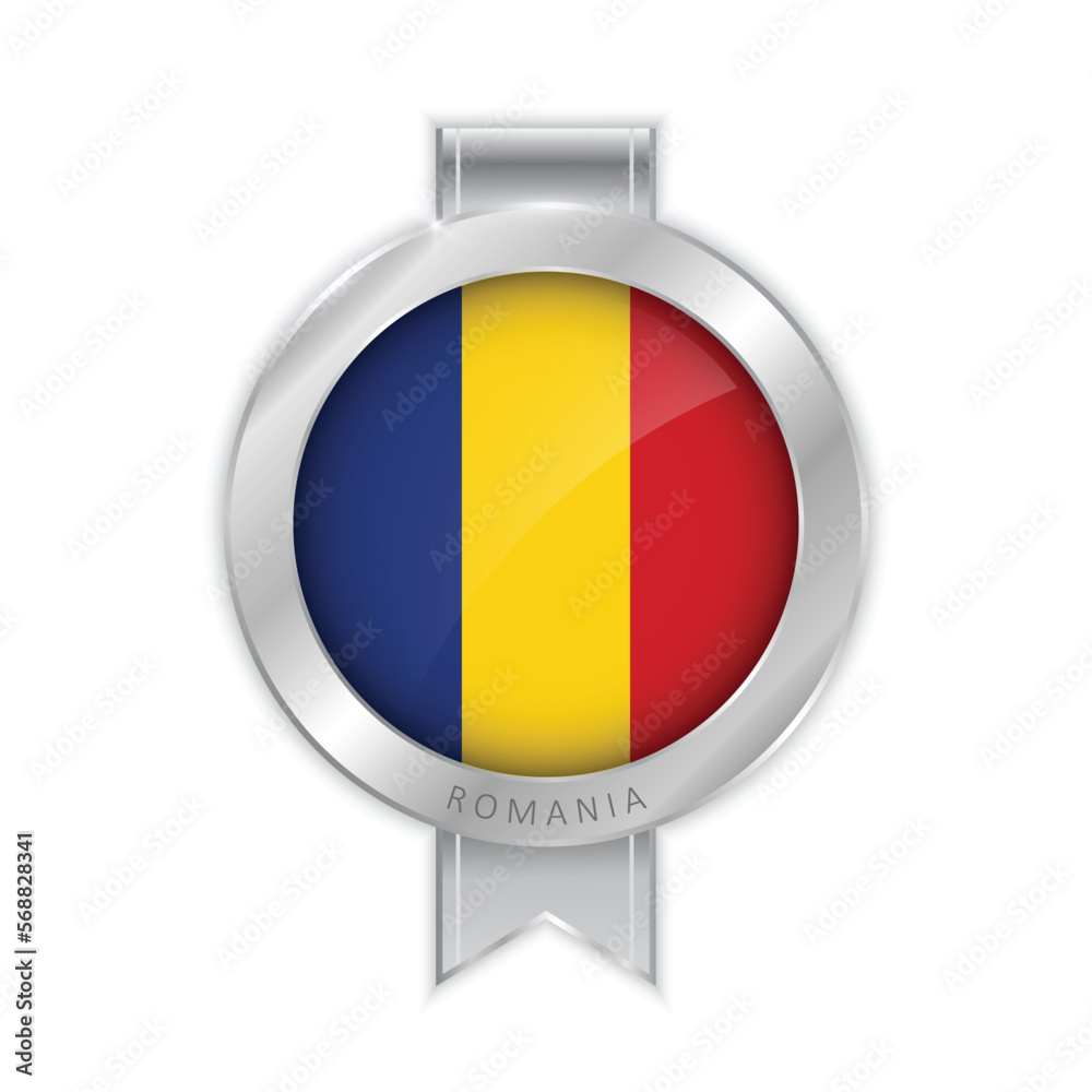 Fototapeta premium Flag of Romania Silver Medal Vector. Realistic 3d silver trophy award medals for winner. Honor prize. Realistic illustration.