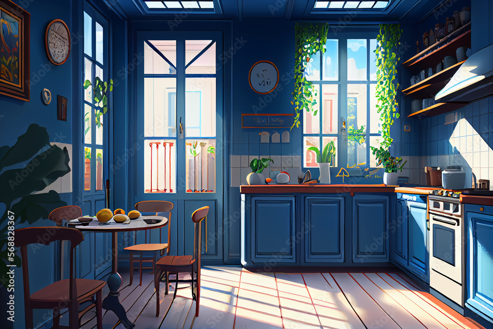 A Cool and Calm Kitchen: A Blue-Toned Illustration of Culinary Comfort