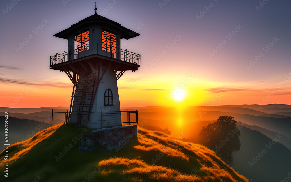 © Radomir Rezny - Lookout tower on the hill and autumn landscape and sunrise.Generative Al Illustration. © Radomir Rezny - Lookout tower on the hill and autumn landscape and sunrise.Generative Al Illustration.