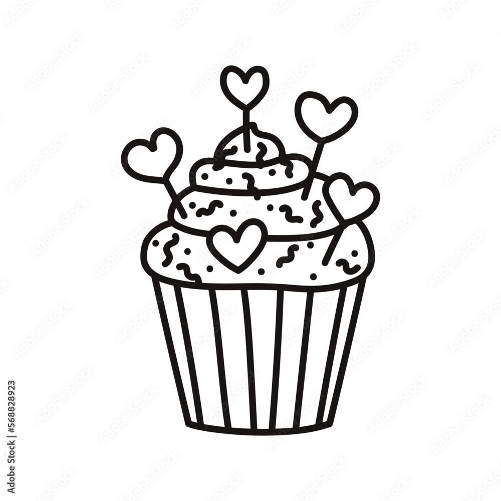 Cupcake with icing and hearts. Cartoon style. Design element. Hand drawn line art vector illustration isolated on white. Cupcake with icing and hearts. Cartoon style. Design element. Hand drawn line art vector illustration isolated on white.