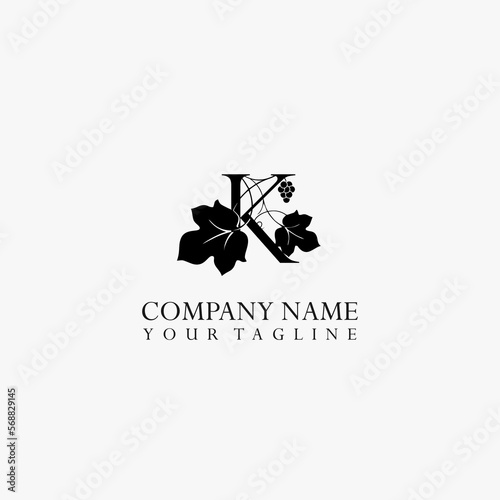 Letter K vector stock logo, abstract grape vector template. Illustration design of elegant logotype vine store on isolated background.