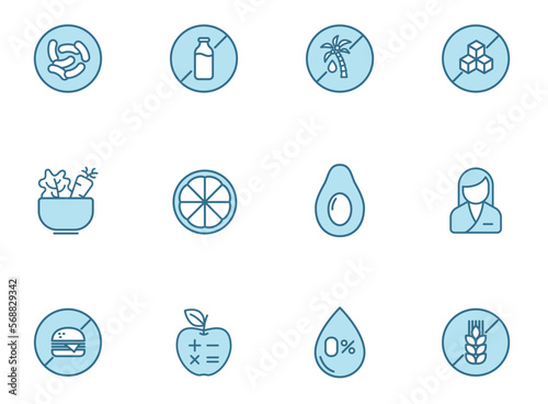 healthy food line icons in two colors isolated on white background. healthy food blue icon set for web design, ui, mobile apps, print polygraphy and promo business