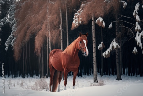 Cute red horse amid the snowy woods, vertical. Generative AI photo
