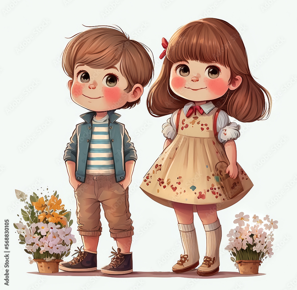 Portrait of cute cartoon little boy and girl, isolated on white ...