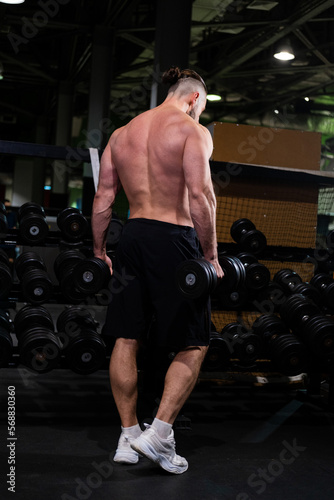 A brutal muscular bearded man stands with his back and holds a dumbbell in the gym. Active lifestyle, sports