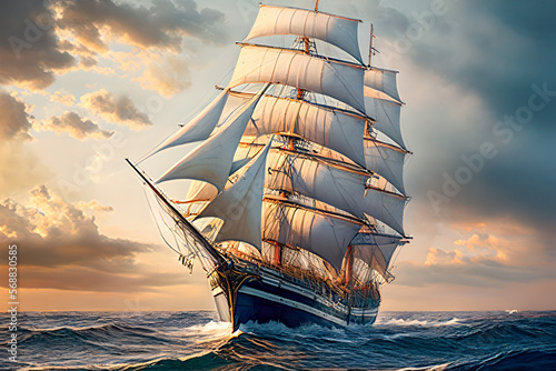 A ship with sails at sea.Generative AI