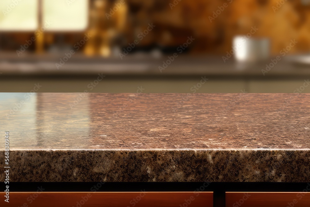High-Resolution Mock-Up Image of an Empty Marble Table on a Kitchen Background, Ideal for Displaying Your Designs in a Realistic Setting