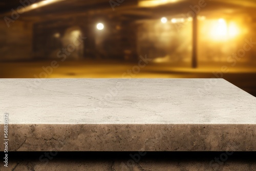 High-Resolution Mock-Up Image of an Empty Stone Workbench Table on a Garage Worskshop Background, Ideal for Displaying Your Designs in a Realistic Setting