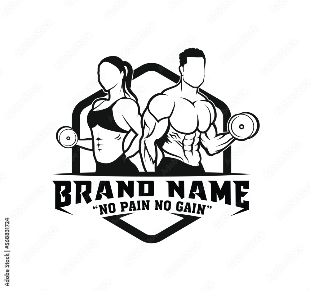 Man and woman Fitness logo template. Sport Fitness club creative concept. Bodybuilder Fitness Model Illustration, Sign, Symbol, badge.