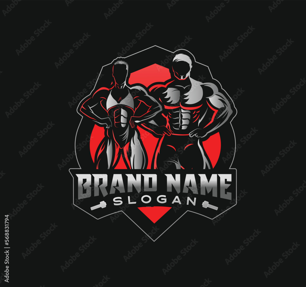 Fitness club emblem with muscled man and woman silhouettes. Man and woman front pose. illustration