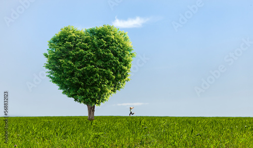 Grüner Baum in Herzform auf einer grüner Wiese