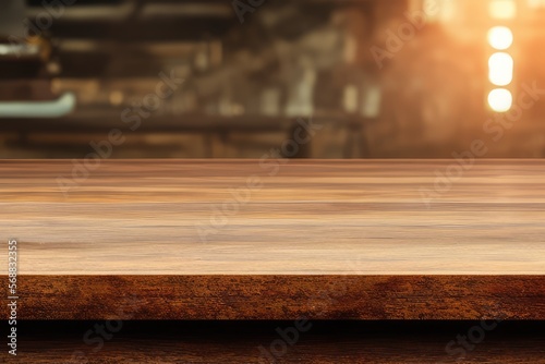 High-Resolution Mock-Up Image of an Empty Wooden Workbench Table on a Garage Worskshop Background, Ideal for Displaying Your Designs in a Realistic Setting