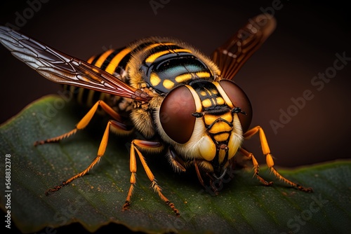 Garden macro photograph of a batman hoverfly (myathropa florea) Generative AI photo